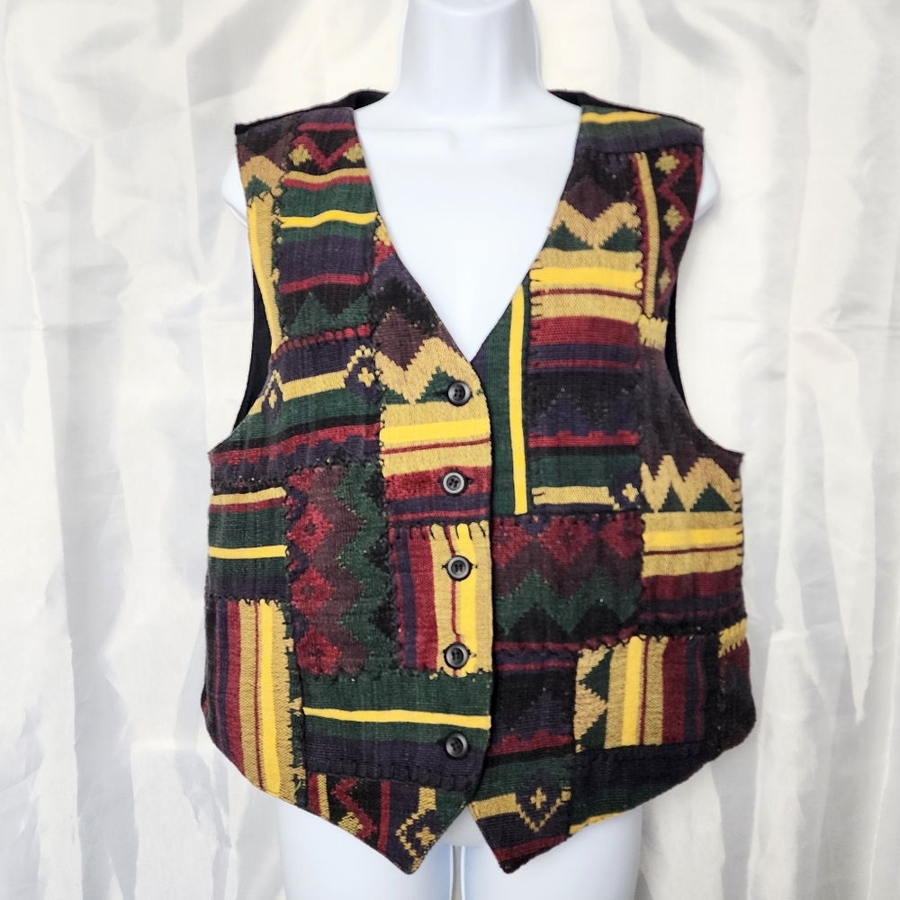 Susan Bristol Patchwork Tapestry Vest Womens L Southwestern Aztec Whimsigoth VTG